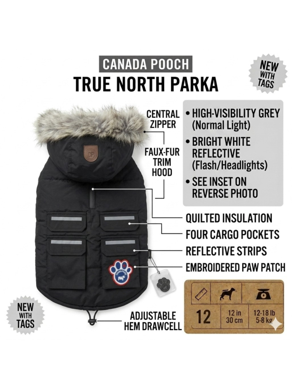 Canada Pooch Dog Parka Jacket Size 12 Black Faux Fur Hood Reflective New w/ Tags